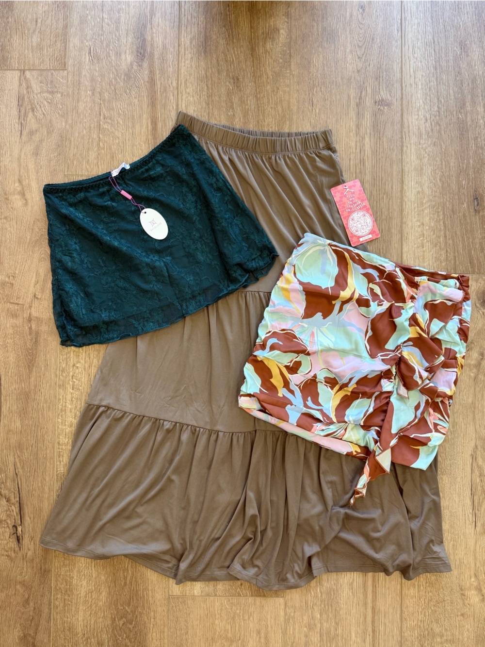 Brown Long Skirt with Printed Mini and Dark Green Lace Mini